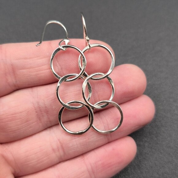 Sterling Silver Triple Circle Bright Dangle Earrings A6392 - Picture 3 of 5